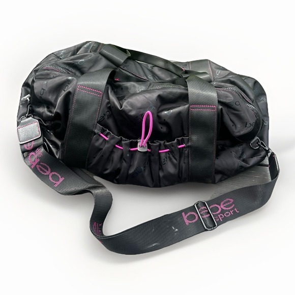 Bebe Sport Becca Duffle Gym Bag Black Nylon Leather Trim Mesh Pouch Travel Strap - Picture 1 of 7